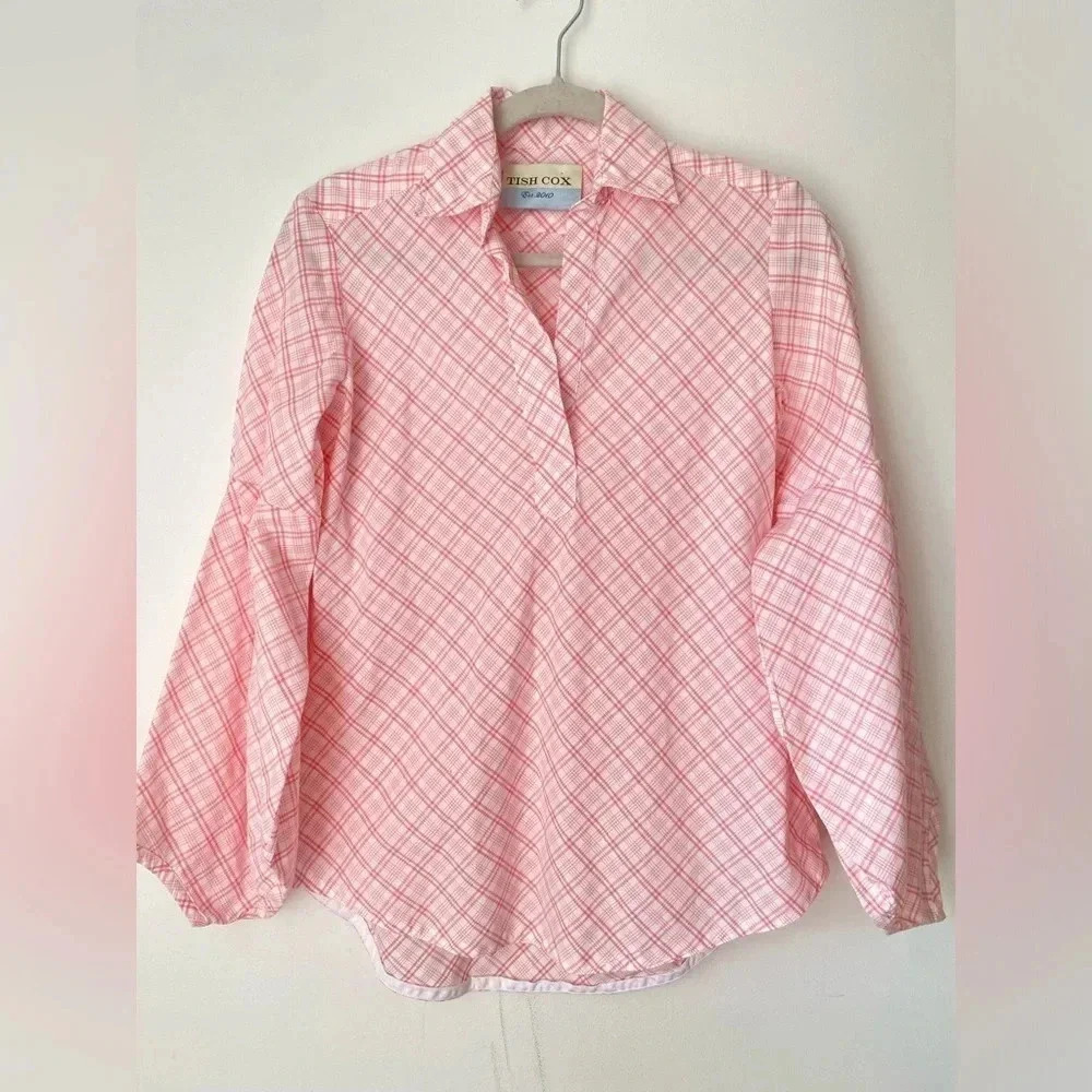 Tish Cox Blouse Women’s XS Pink Plaid Puff Top Balloon Sleeve